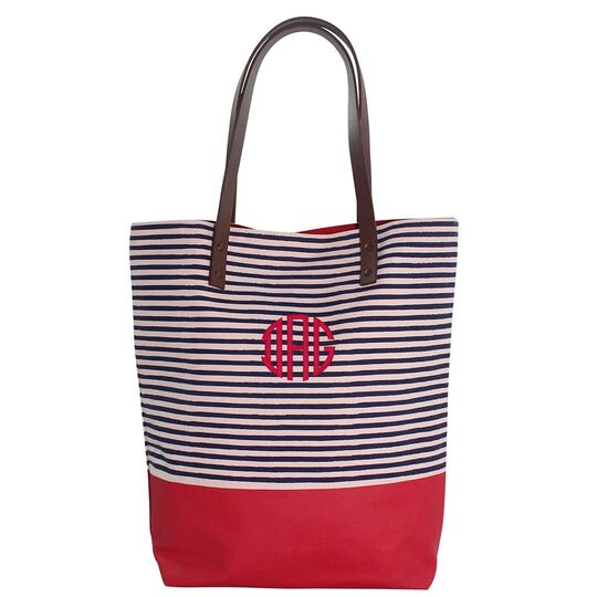 Personalized Navy and Red Seaport Stripes Dipped Tote